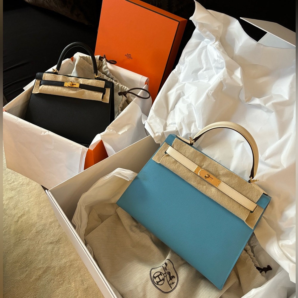 Hermes Kelly 28cm In Blue And White Bicolor Epsom Leather